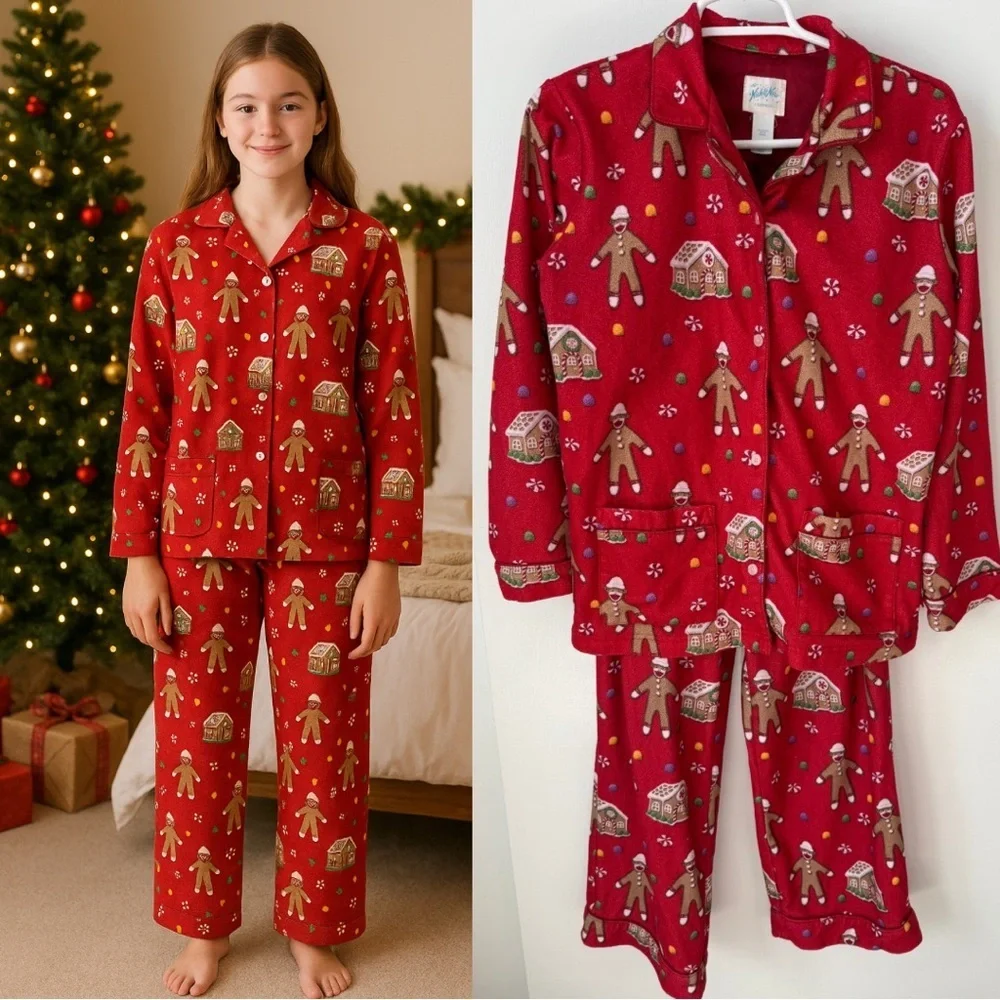 Nick & Nora Red Gingerbread House Sock Monkey Christmas Pajama Set XL/(14/16)